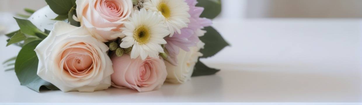 Поздравительный букет с розами нежно-розового цвета и белыми ромашками с жёлтыми центрами. Листва зелёного оттенка. Элегантная композиция на белой поверхности.
