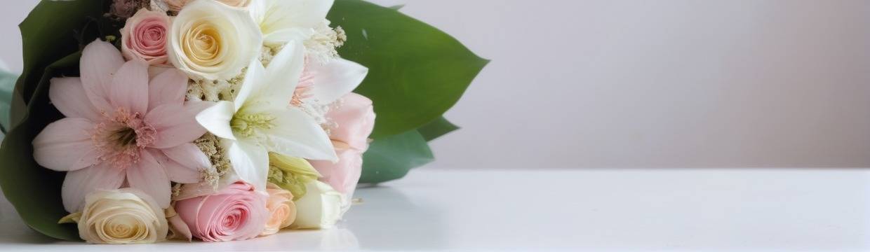 Поздравительный букет с пастельными розами и белыми лилиями, аккуратно уложенный и украшенный зелёными листьями. Фон – нейтральная стена.
