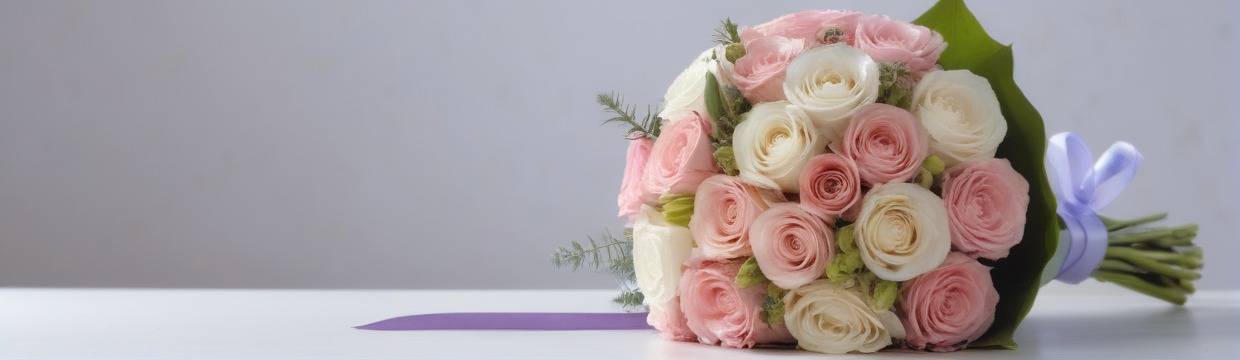 Поздравительный букет из розовых и белых роз, перевязанный сиреневой лентой, лежит на светлой поверхности