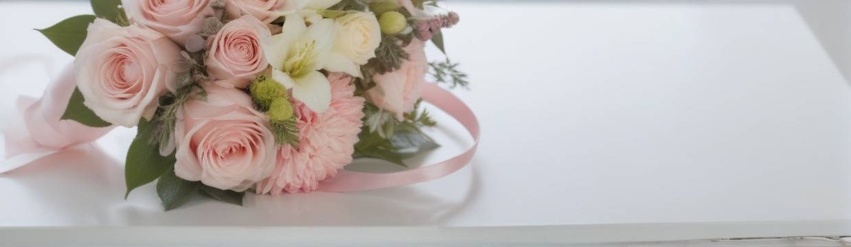 Поздравительный букет с розовыми розами и цветами пастельных оттенков, украшенный зелёными листьями и розовой лентой, лежит на белой поверхности.