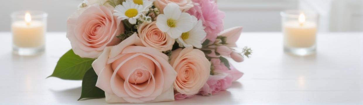 Поздравительный букет из розовых роз с белыми цветами и зеленью на белой поверхности. На заднем плане три свечи в стеклянных подсвечниках.