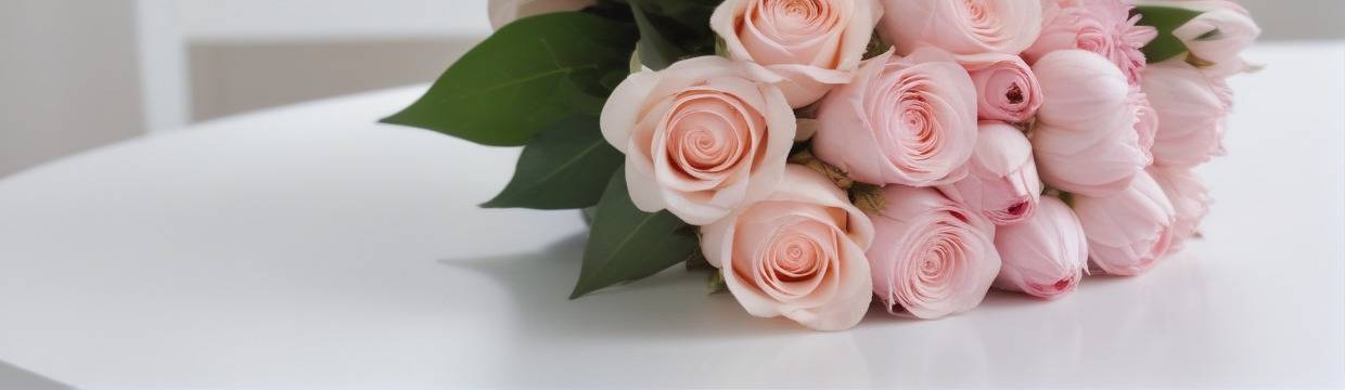 Поздравительный букет из нежно-розовых роз, свежие цветы с зелеными листьями на белом столе, создающие атмосферу элегантности и нежности.
