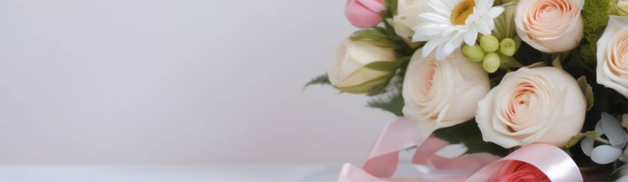 Поздравительный букет с кремовыми розами, белой ромашкой, зелеными ягодами и розовыми бутонами, украшенный розовой лентой. Нежный и гармоничный дизайн.