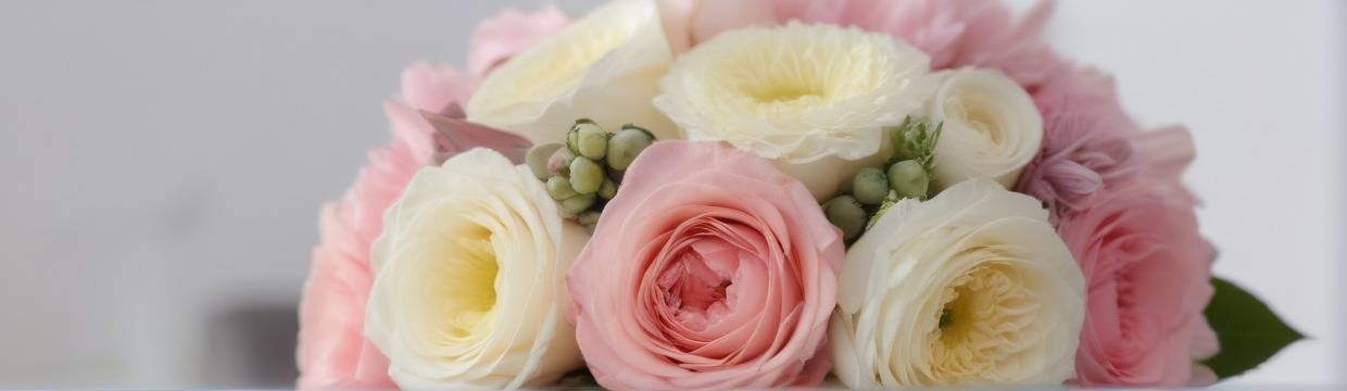 Поздравительный букет с розовыми и белыми розами, окружёнными нежной зеленью. Нейтральный фон подчёркивает красоту цветов.