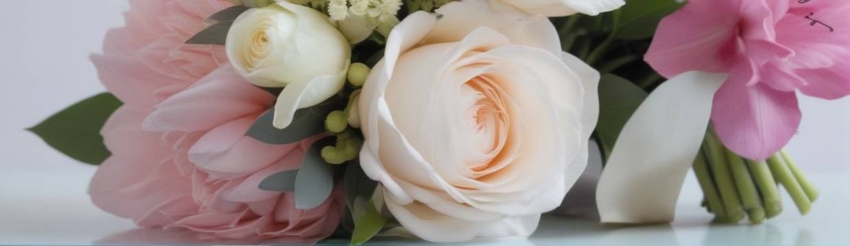 Поздравительный букет с кремовыми розами, розовыми и белыми цветами, зелеными листьями. Нежная и изящная композиция.