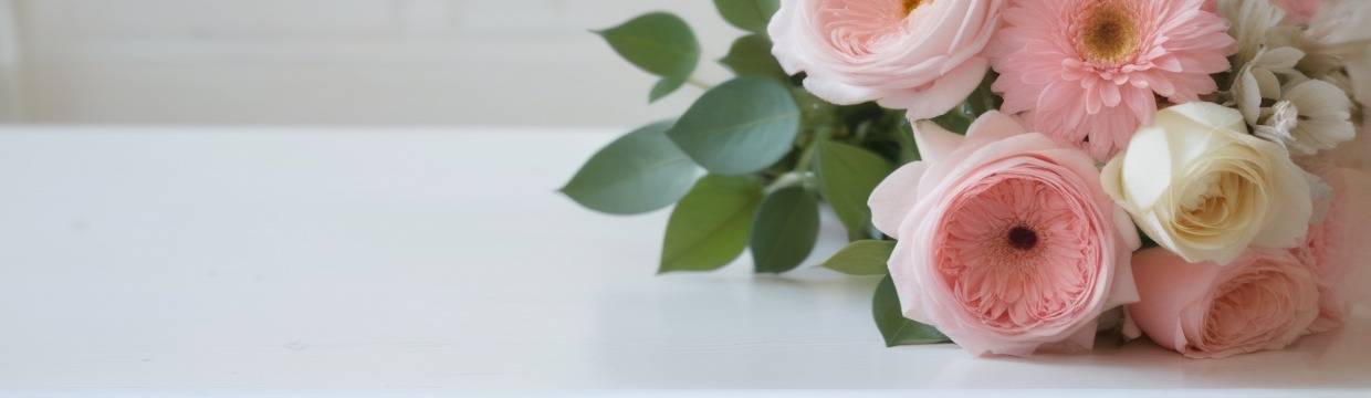 Поздравительный букет с розовыми и кремовыми розами, розовыми герберами и зелёными листьями на светлой поверхности