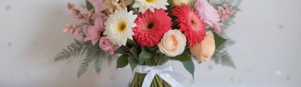 Поздравительный букет с розовыми, белыми и жёлтыми цветами: ромашки, розы. Лента белого цвета, изящный и гармоничный вид.