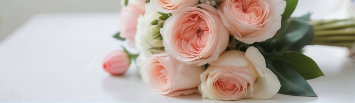 Букет из нежных розовых роз на поверхности, окруженный зелеными листьями. Красивый праздничный подарок. На заднем плане виден розовый бутон.